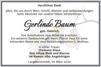 Traueranzeige von Gerlinde Baum von Mitteldeutsche Zeitung Merseburg/Querfurt