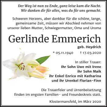 Traueranzeige von Gerlinde Emmerich von Super Sonntag Mansfelder Land