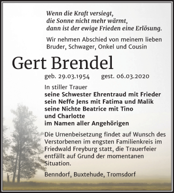 Traueranzeige von Gert Brendel von Wochenspiegel Naumburg/Nebra