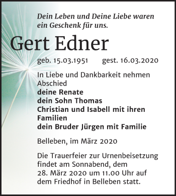 Traueranzeige von Gert Edner von Mitteldeutsche Zeitung Bernburg