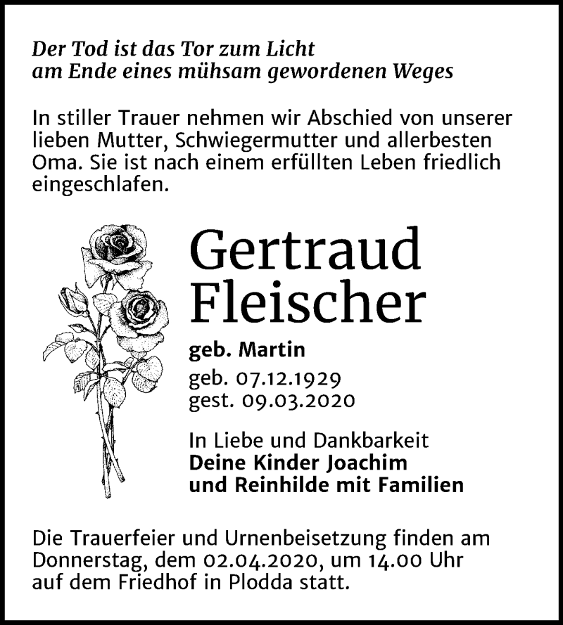  Traueranzeige für Gertraud Fleischer vom 18.03.2020 aus Wochenspiegel Bitterfeld