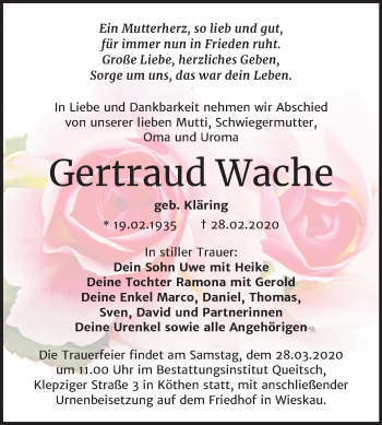 Traueranzeige von Gertraud Wache von Super Sonntag Köthen