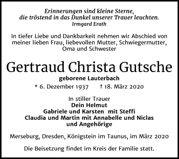 Traueranzeige von Gertraud Christa Gutsche von Mitteldeutsche Zeitung Merseburg/Querfurt