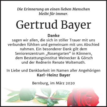 Traueranzeige von Gertrud Bayer von Mitteldeutsche Zeitung Bernburg
