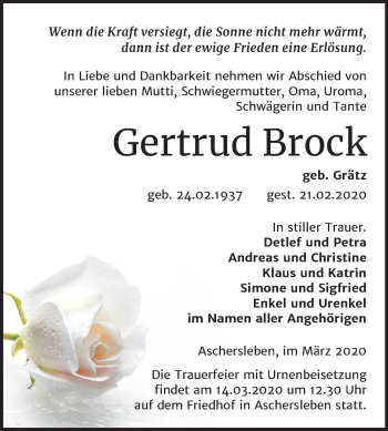 Traueranzeige von Gertrud Brock von Mitteldeutsche Zeitung Aschersleben