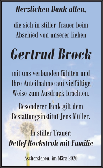 Traueranzeige von Gertrud Brock von Super Sonntag Aschersleben