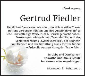 Traueranzeige von Gertrud Fiedler von Super Sonntag Sangerhausen