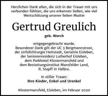 Traueranzeige von Gertrud Greulich von Wochenspiegel Mansfelder Land