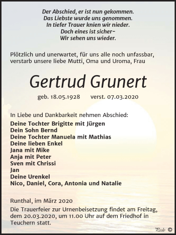 Traueranzeige von Gertrud Grunert von Wochenspiegel Weißenfels