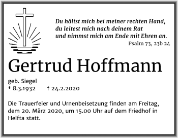Traueranzeige von Gertrud Hoffmann von Mitteldeutsche Zeitung Mansfelder Land