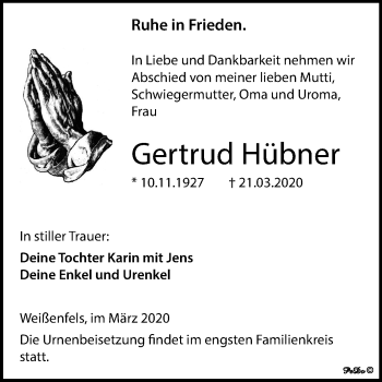 Traueranzeige von Gertrud Hübner von Super Sonntag Weißenfels