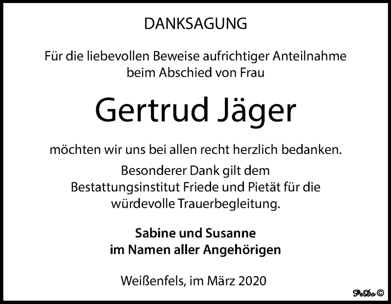  Traueranzeige für Gertrud Jäger vom 21.03.2020 aus Super Sonntag Weißenfels
