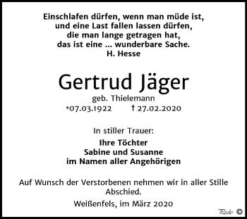 Traueranzeige von Gertrud Jäger von Mitteldeutsche Zeitung Weißenfels