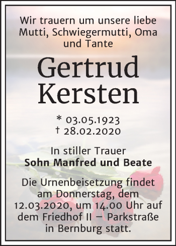 Traueranzeige von Gertrud Kersten von Mitteldeutsche Zeitung Bernburg