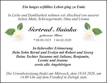 Traueranzeige von Gertrud Mainka von Mitteldeutsche Zeitung Dessau-Roßlau