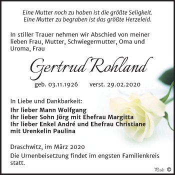 Traueranzeige von Gertrud Rohland von Super Sonntag Zeitz