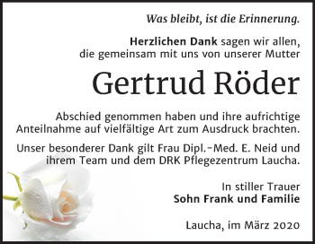 Traueranzeige von Gertrud Röder von Super Sonntag Naumburg/Nebra