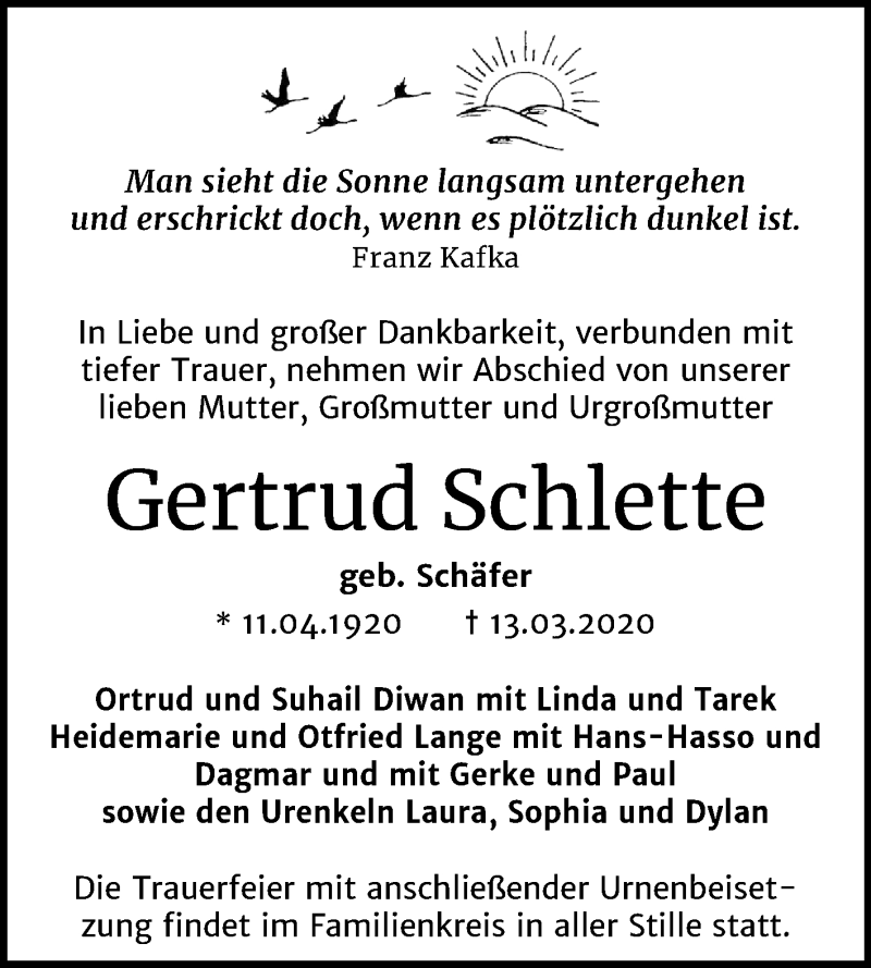  Traueranzeige für Gertrud Schlette vom 25.03.2020 aus Mitteldeutsche Zeitung Halle/Saalkreis