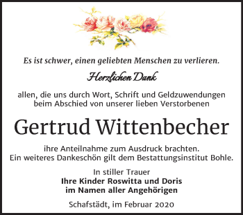 Traueranzeige von Gertrud Wittenbecher von Super Sonntag Merseburg/Querfurt