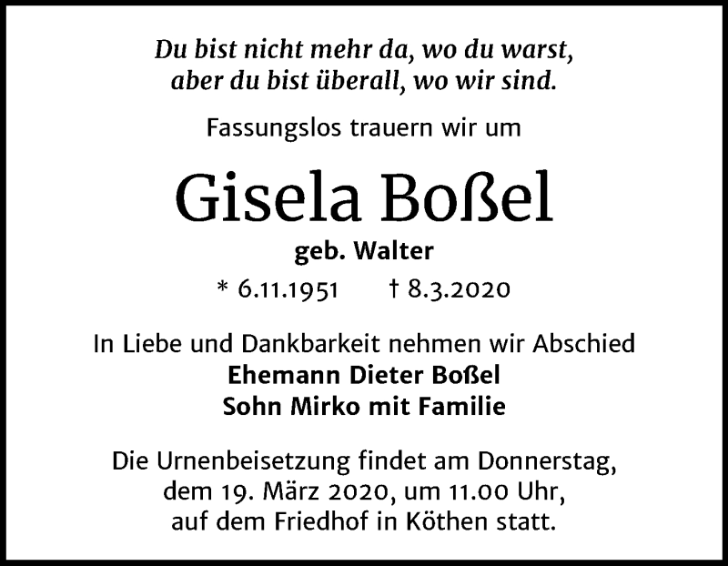  Traueranzeige für Gisela Boßel vom 12.03.2020 aus Mitteldeutsche Zeitung Köthen