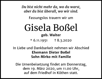 Traueranzeige von Gisela Boßel von Super Sonntag Köthen