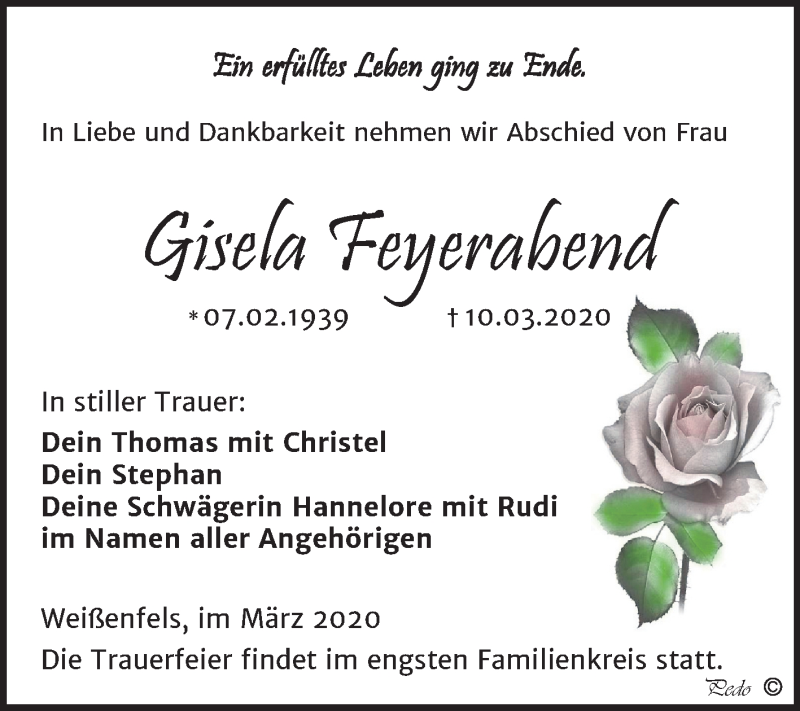  Traueranzeige für Gisela Feyerabend vom 18.03.2020 aus Wochenspiegel Weißenfels