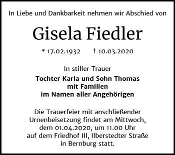 Traueranzeige von Gisela Fiedler von Mitteldeutsche Zeitung Bernburg