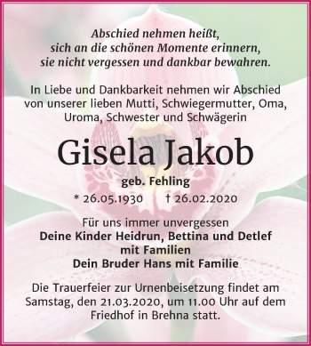 Traueranzeige von Gisela Jakob von Wochenspiegel Bitterfeld