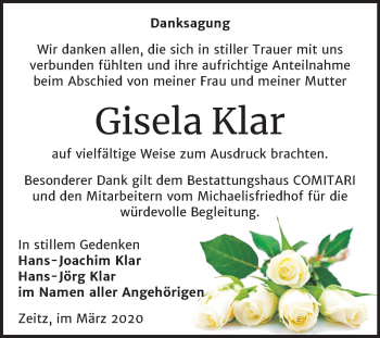 Traueranzeige von Gisela Klar von Mitteldeutsche Zeitung Zeitz
