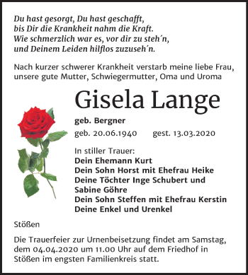 Traueranzeige von Gisela Lange von Super Sonntag Naumburg/Nebra
