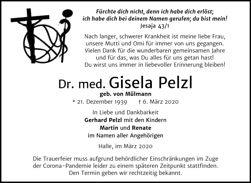  Traueranzeige für Gisela Pelzl vom 18.03.2020 aus Mitteldeutsche Zeitung Merseburg/Querfurt
