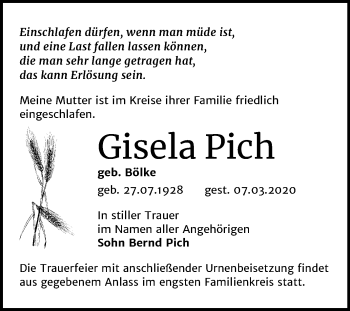 Traueranzeige von Gisela Pich von Super Sonntag Wittenberg