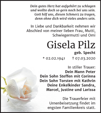 Traueranzeige von Gisela Pilz von Mitteldeutsche Zeitung Wittenberg