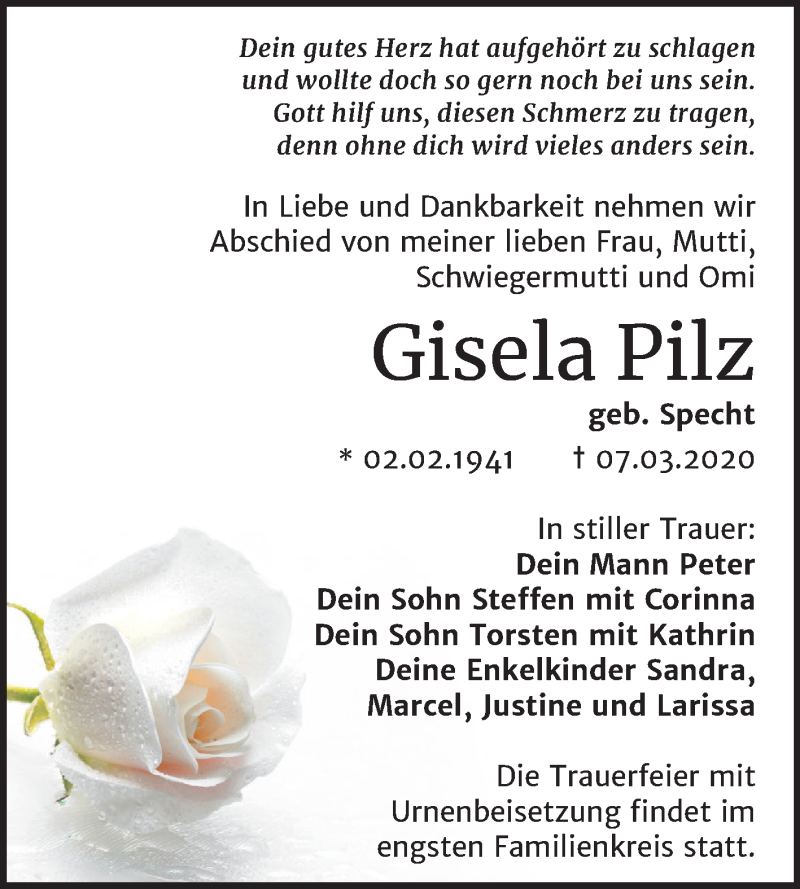  Traueranzeige für Gisela Pilz vom 14.03.2020 aus Super Sonntag Wittenberg