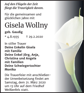 Traueranzeige von Gisela Wolln von Mitteldeutsche Zeitung Weißenfels