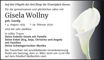 Traueranzeige von Gisela Wollny von Wochenspiegel Weißenfels