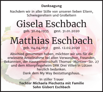 Traueranzeige von Gisela und Matthias Eschbach von Wochenspiegel Weißenfels