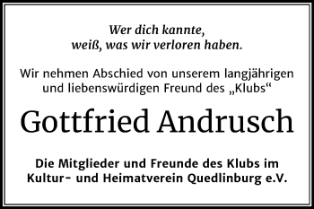Traueranzeige von Gottfried Andrusch von Mitteldeutsche Zeitung Quedlinburg