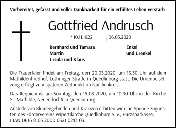 Traueranzeige von Gottfried Andrusch von Mitteldeutsche Zeitung Quedlinburg