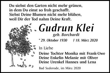 Traueranzeige von Gudrun Klei von Mitteldeutsche Zeitung Quedlinburg
