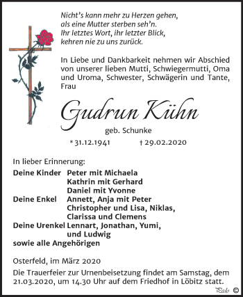 Traueranzeige von Gudrun Kühn von Super Sonntag Zeitz