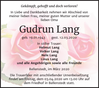Traueranzeige von Gudrun Lang von Mitteldeutsche Zeitung Quedlinburg