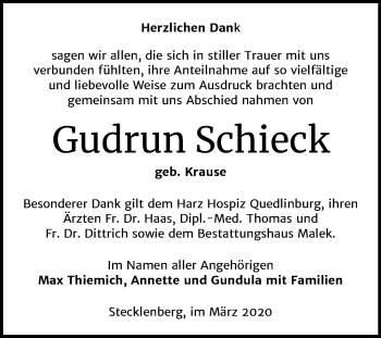 Traueranzeige von Gudrun Schieck von Super Sonntag Quedlinburg