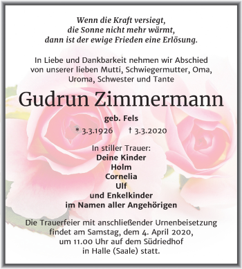 Traueranzeige von Gudrun Zimmermann von Mitteldeutsche Zeitung Halle/Saalkreis