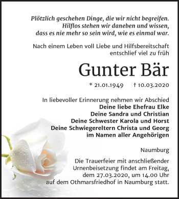 Traueranzeige von Gunter Bär von Wochenspiegel Naumburg/Nebra
