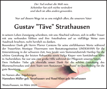 Traueranzeige von Gustav Strathausen von Mitteldeutsche Zeitung Quedlinburg