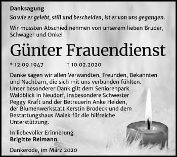 Traueranzeige von Günter Frauendienst von Mitteldeutsche Zeitung Quedlinburg
