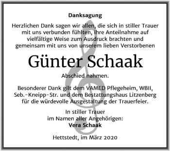 Traueranzeige von Günter Schaak von Mitteldeutsche Zeitung Mansfelder Land