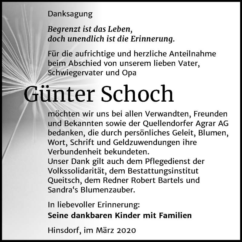  Traueranzeige für Günter Schoch vom 14.03.2020 aus Mitteldeutsche Zeitung Köthen