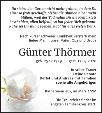 Traueranzeige von Günter Thörmer von Super Sonntag Sangerhausen
